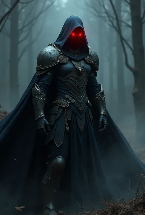 A person wearing a cloak with glowing red eyes wearing armor not wearing a skirt