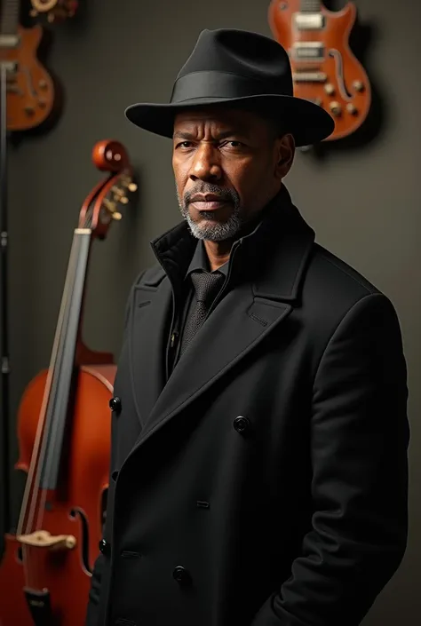 (photorealism:1.2), Denzel Washington, standing in the studio, wearing pent coat, wearning hat, music instruments are on the background ,  dashing pose, realistic, intricate details, 