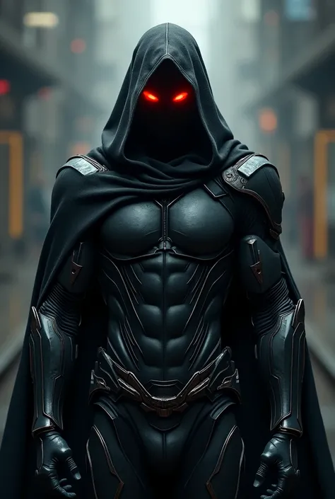 A man wearing a cloak with glowing red eyes wearing futuristic armor not wearing a skirt