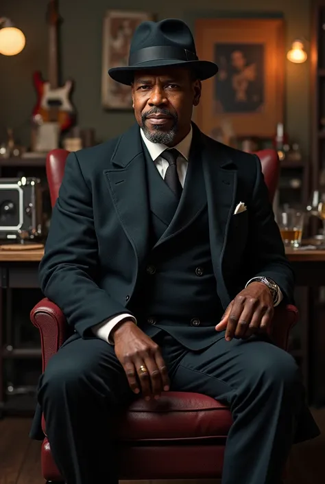 (photorealism:1.2), Denzel Washington, sitting on the chair in the studio, wearing pent coat, wearning hat, music instruments are on the background ,  dashing pose, realistic, intricate details, 