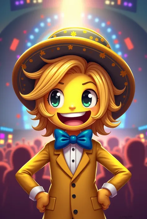 Undertale yellow intro styled  with blonde hair and game show host suit and blue papion and a circular long hat with an happy expression