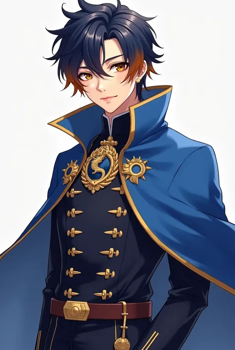  a pretty prince that I have never seen in a beautiful uniform of a secret squad,  with a blue cape  , with honey eyes  (or hazelnut ),  the hair with the 3 colors blue-black-orange , Cuerpo completo de cabeza a pies, style ia,   a dragon badge and gloves ...