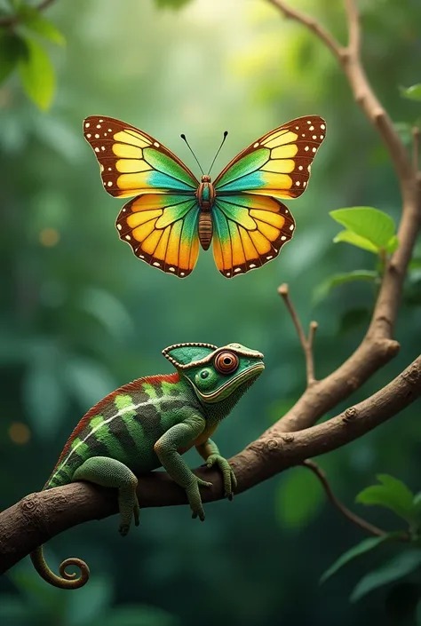 A medium-sized flying butterfly of yellow, green and blue color on its wings, which observes a chameleon that imitates it, camouflages itself in yellow, green and blue colors, the latter hanging from a tree, both animals look at each other. 