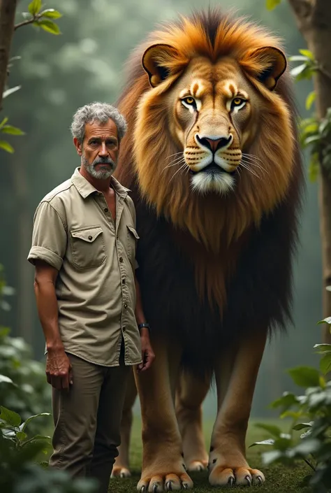 A lion protecting a 30 year old man in a shirt with rolled-up sleeves