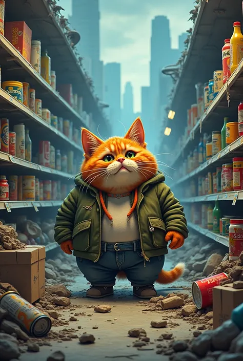  Imagine a cute, fat cat dressed in torn clothes all dirty ,  inside a supermarket that was destroyed by the earthquake , post apocalyptic city, At night lights on  , things on the floor fallen ,  cartoon style ,Very vivid, Ultra Detailed, Arte de qualidad...