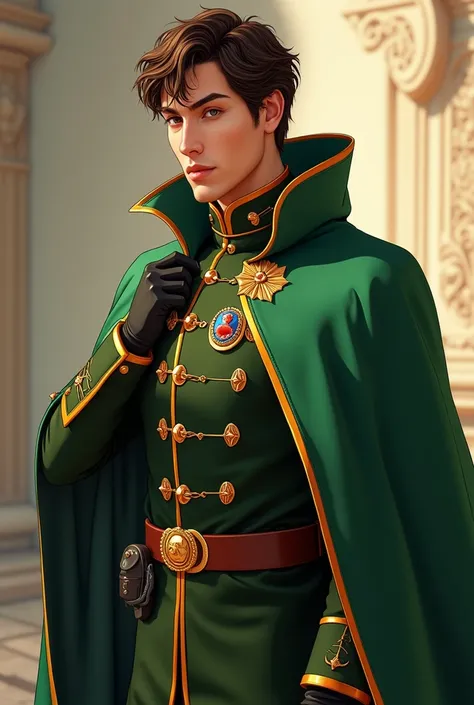 A handsome prince Ive never seen in a beautiful uniform from a secret squad, With a green cape , with brown eyes  ,  the hair with the 3 colors chocolate orange , Cuerpo completo de cabeza a pies, style ia,   a dragon badge and gloves in her hand , the ful...