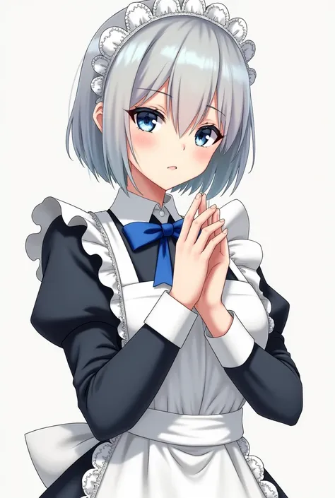 Anime style girl with short gray hair with blue eyes wearing a maid costume with a serious expression 