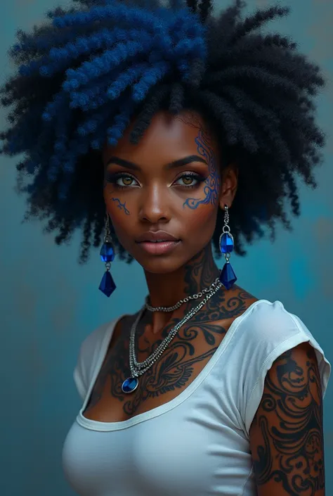  Black woman with great afro hairstyle with a touch of blue , blue eyes with yellow , circular lenses,  dressed in a short t-shirt with tattoos of magic symbols 