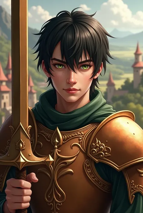 Create magic the gathering style a handsome man with a clean face with straight shiny black hair short with shimmering green eyes wearing metallic copper armor with ornaments holding a metallic copper sword with ornaments in a palace in the countryside