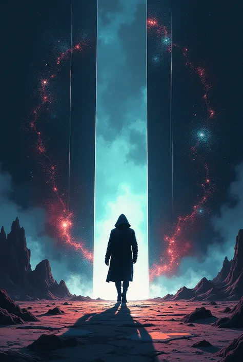 (colored sketch),  A man in a hoodie and black clothes is walking towards darkness ,  long space-like portal towards the bottom . and on both sides of the portal there are many large panels with very detailed images of the events of the Cosmic, dark landsc...