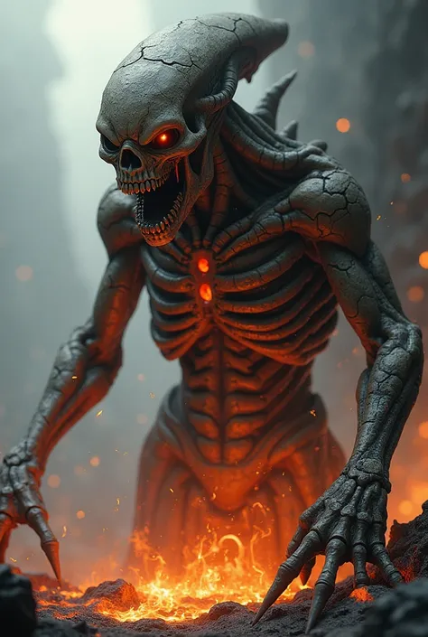 Make an alien that sets fire with a skelestic face with a skin of volcano rock in real life
