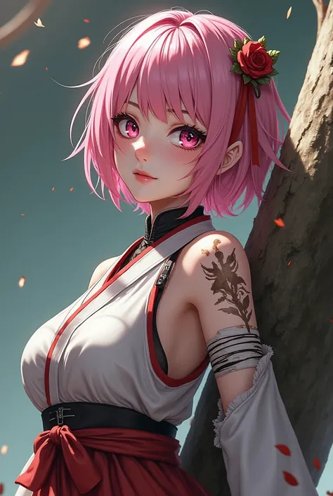 Woman with short hair pastel pink messy with bangs while  ,The pink right eye and the different eye the black left with a white anime skin and a Japanese dress combat hot combat leaning in a tree with scrapes and bandages on her arm big breasts