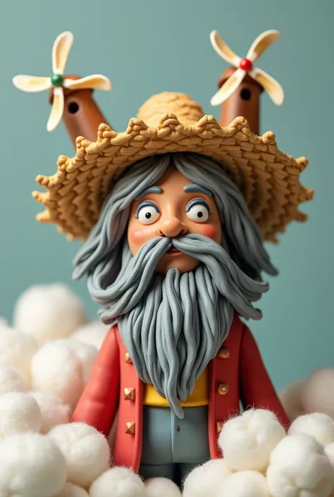  Plasticine sculpture of Don Quixote , with beard and a straw hat on his side, Cover your eyes with windmills on your head and with cotton clouds 