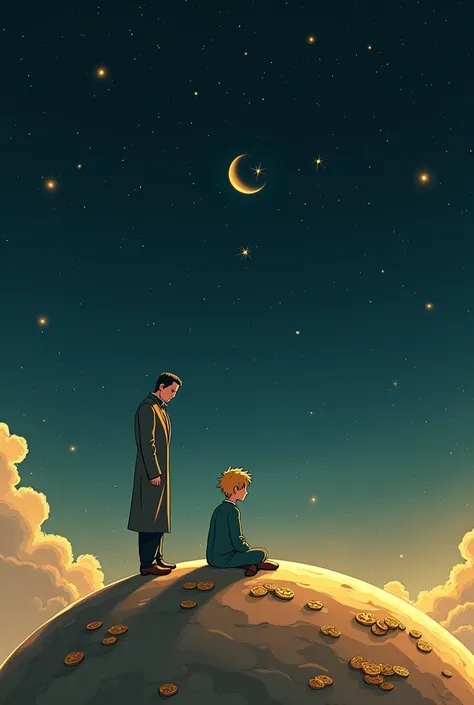  The scene takes place on a small planet ,  almost like a rock floating in space . The Little Prince observes from the side ,  sitting cross-legged or standing ,  looking at the businessman ,  who is at the center of this planet .  This man is dressed in a...