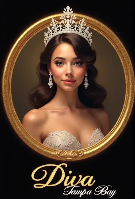 (master piece) a very realistic  girl with an air of grandeur, a slight triumphant smile, wearing a beauty pageant princess crown. Ball gown, and earrings. The girl is inside the gold circular frame with tiny diamonds. At the bottom is the gold text with d...