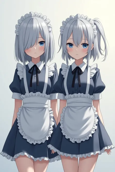 15-year-old anime-style teenagers with gray hair with a lock of hair covering their left eye with light blue eyes with a serious expression wearing a maid costume with a short skirt 