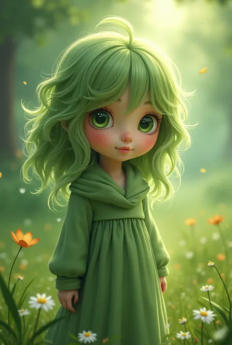 A shy girl with green hair, green eyes and green clothes