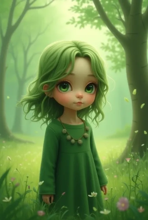 A shy girl with green hair, green eyes and green clothes