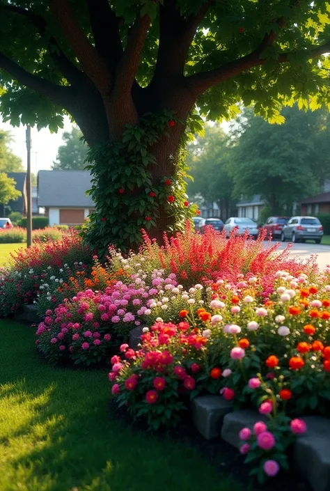 Colorful flower garden: A densely packed flower bed, with a vivid color scheme, including shades of fuchsia, rosa, white, red and orange. The flowers are arranged in a wide, flowing pattern, creating a sense of abundance and harmony.


2. Trees and vegetat...