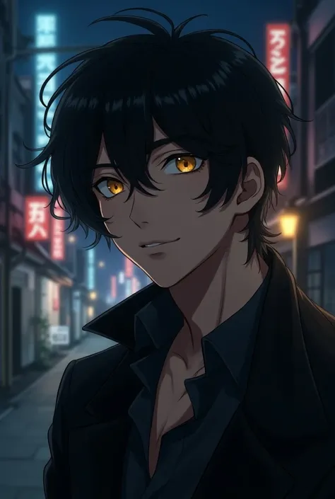  Adult anime man . With hair up to the shoulder and curled in black. His yellow eyes .
 In a welcoming expression .  He is in an alley at night in the city 