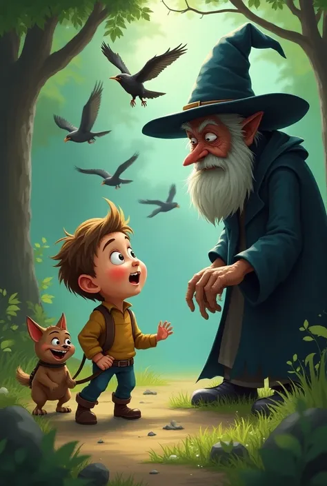 Little boy with a little dog and birds fighting a witch