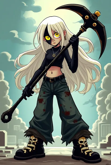 Game style character, animation,  long white hair covering one eye  ,  one eye yellow the other totally white,  a wide pair of pants and a dirty white cropped ,  black boots with skulls ,  a double sickle with gold details 