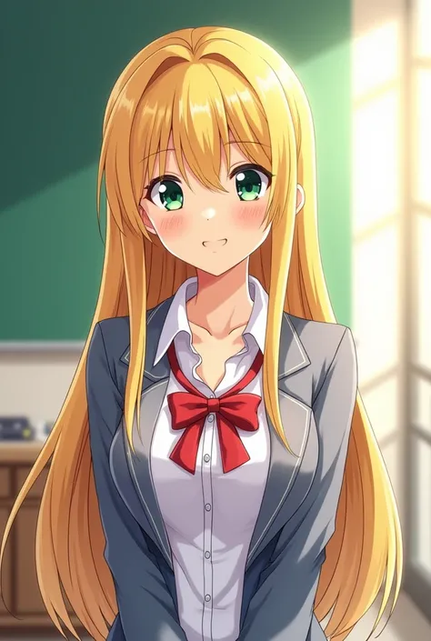  Gyaru high school teacher with tanned skin , long straight blonde hair,  emerald green eyes , 29 years old, teachers outfit, breasts size c, measures 90, 60, 90.  Romantic Anime cartoon .  walks towards you looking for your love .   Yandere behavioral ten...