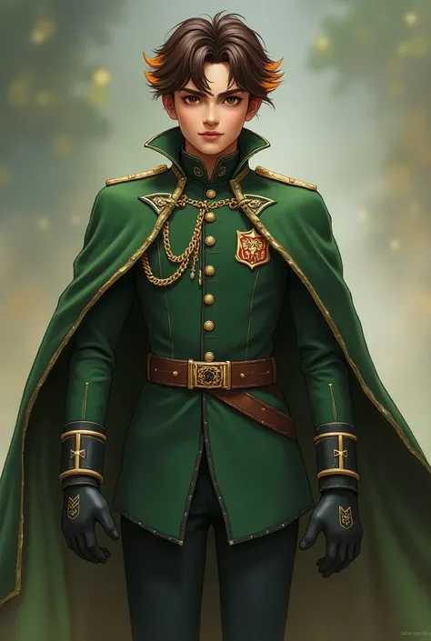  a pretty prince that I have never seen in a beautiful uniform from a secret squad, With a green cape  , with chocolate eyes , The hair with the 3 colors chocolate-orange , Cuerpo completo de cabeza a pies, style ia,  a dragon badge and gloves in the hand ...