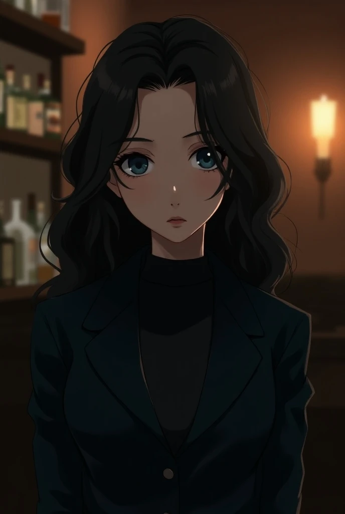   Create the image of a girl with long hair , dark and wavy color . that has blue eyes,  with a visible pupil and a stoic and reserved expression on her face.  As a dress she must wear a simple dark-colored tailor suit .  The girl must be in a bar ,  that ...