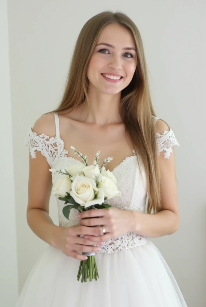 1girl, solo,dark blonde hair,grey eyes,long hair,straight hair,white wedding dress,holding flowers,smile,bright smile
