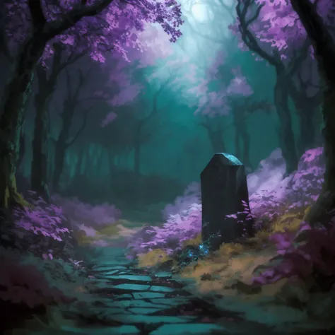 Beautiful real forest with one grave top angle view real, dark atmosphere, dark world, anime vibe, The theme is mystical, mysterious and dark, with elements that evoke a parallel or supernatural world. Use dark and cool colors, como negro, purple, blue and...