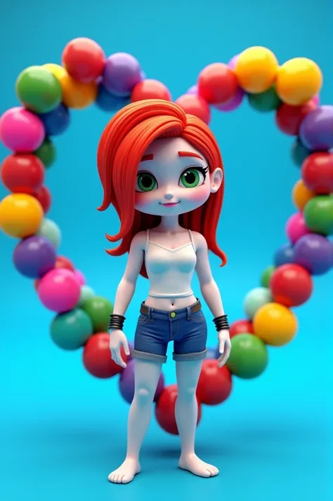 Make a Roblox character ( red hair white skin with silks green eyes with cropid black bracelet short jeans Jordan blue background with balls making a heart)