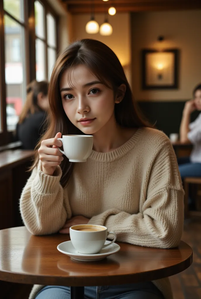 a girl sitting in a cafe drinking hot coffee