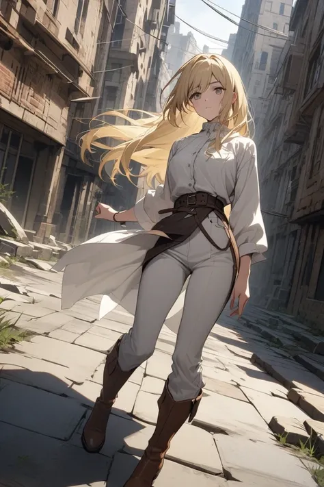 Blonde woman in white pants and shirt and long brown boot in an empty city