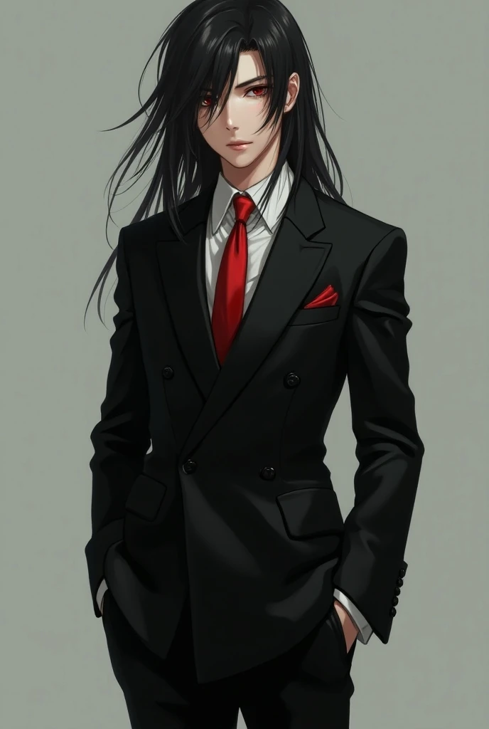 Live action Asian Teen boy with Very Long Flowing black hair, a black double-breasted suit over a White dress shirt. a red tie that stays tight around his neck. Pointed toe shoes and black Leather gloves. 