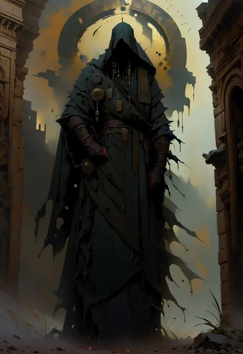 The image depicts a dark and evil dark man. He is the personification of death. Dressed all in black he walks and dark wounded souls circle around him. Rust flows onto the ground from the walls of an ancient castle. He comes out of a cell in a thousand-yea...