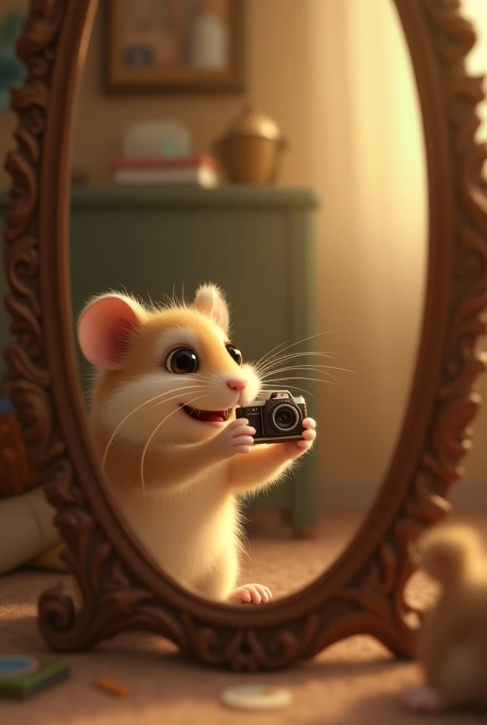 Create a hamster taking a picture in a mirror that looks like a sly 
