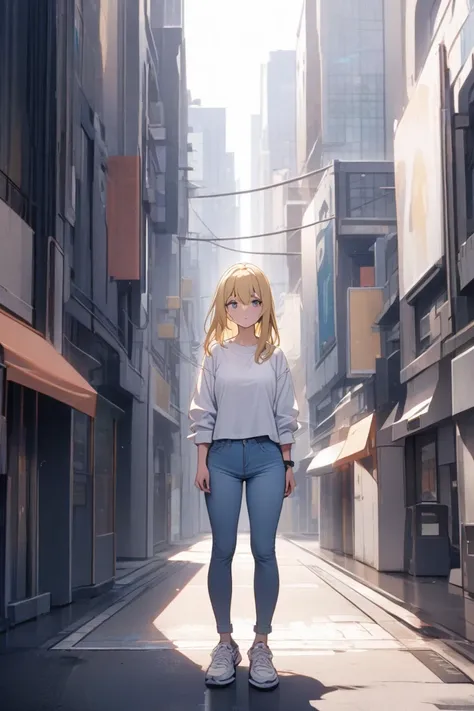 Blonde woman in light denim and white shirt and sports shoe alone in an empty city