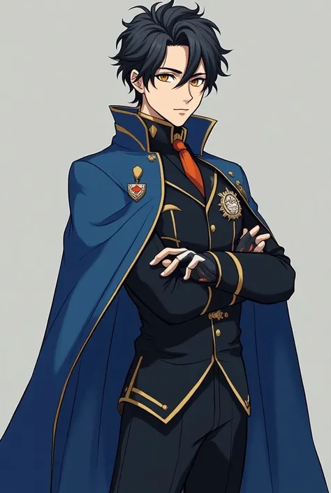 A handsome prince of 20  } that I have never seen in a beautiful uniform from a secret squad,  with a blue cape  , with honey eyes  (or hazelnut ),  the hair with the 3 colors blue-black-orange , Cuerpo completo de cabeza a pies, style ia,  a dragon badge ...