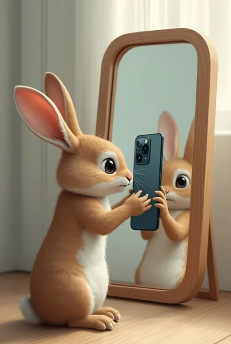 Create an image of a rabbit taking a picture in the mirror with a super realistic phone