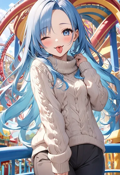 (panoramic), (cute and delicate), (immensely beautiful illustration), (solo, frontal), (beautiful forehead) (beautiful vivid blue hair beauty long hair), (best cute girl), (best cute blue eye and one closed eye) (cute glossy lip), ((Sticking out upon tongu...