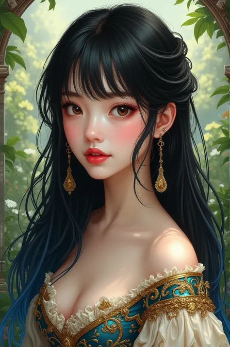 Drawing of a 26-year-old girl with a delicate white-skinned beauty , dark brown eyes,  wearing red lipstick with long black hair,  curled at the tips ,  with straight bangs covering her eyebrows and with blue highlights at the tips,  wearing a mediaeval-st...