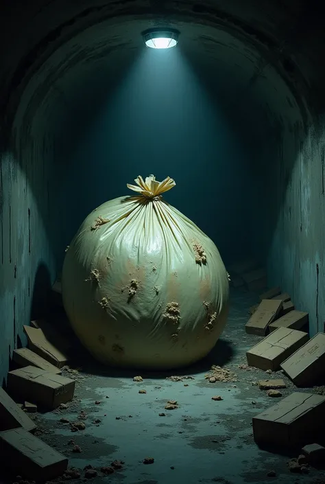 Un gros sac en plastique en décomposition dans Un tunnel sombre dans le sous sol, sombre et humide, avec des cartons, et une lumière de la torche