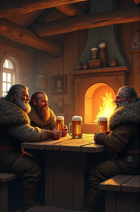 Nordics in a tavern .
 Wooden tables
Fireside
beer
