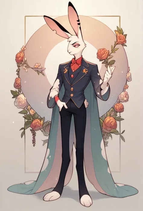 An original character, anthropomorphic, rabbit, English spot rabbit, male, tall character, wearing a outfit, using some accessories, on a beautiful background, cartoon art style "Helluva Boss"