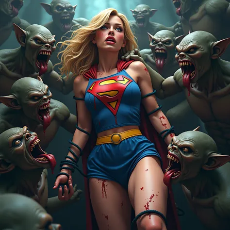  Supergirl is tortured by a large group of goblins。 She Gets Licked By Goblins。She is hung by a rope。She gets her whole body licked 。She has an expression of pain 。 she raises her hand and ties it with a rope 。Shes full of wounds 。inflict pain on her 。 gob...