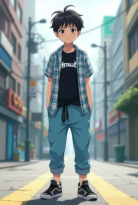 Anime  boy and he is blind

Outfite  A short-sleeved

checkered blue and white shirt over a black graphic Metallica T-shirt. He wears light blue relaxed loose jeans thats being held together by a black two pronged web belt. He wears a pair of Black and gre...