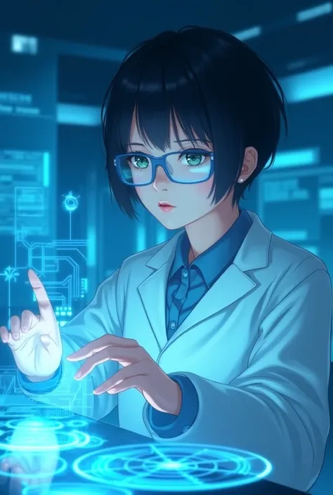 1girl, solo, ((epicrealism semi-anime style detailed rendering)), ((young female scientist)), ((mid twenties)), ((high-end digital painting)), ((short black hair)), ((modern blue-framed glasses)), ((concentrated professional expression)), ((activating holo...