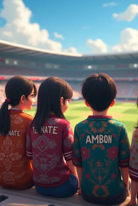  Create an animated 3d illustration of a pair of Japanese guys and girls sitting watching stadium ball with stadium background dressed in white batik batik switer there is a name inscription " AMBON on her boy switer and there is an inscription "TERNATE " ...