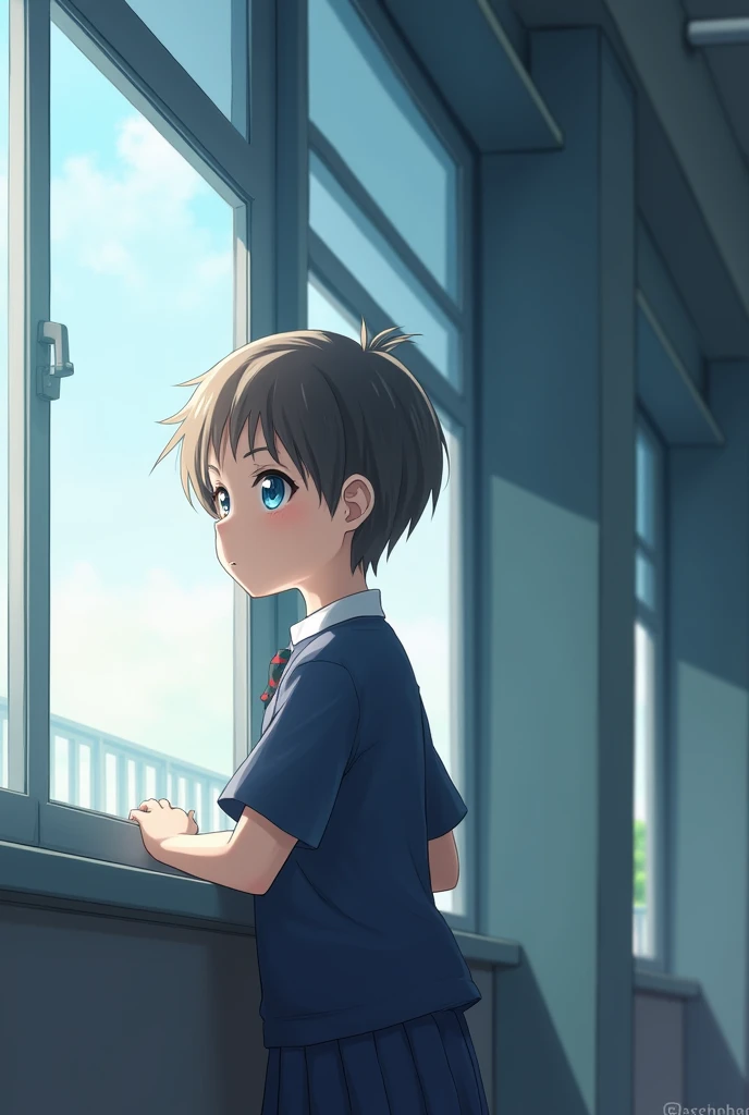 school boy short hair blue eyes uniform elementary school student by the window